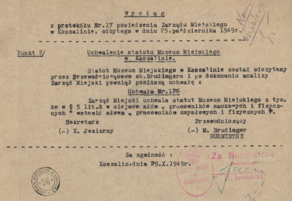Protokół z października 1949 roku w sprawie uchwalenia statutu Muzeum